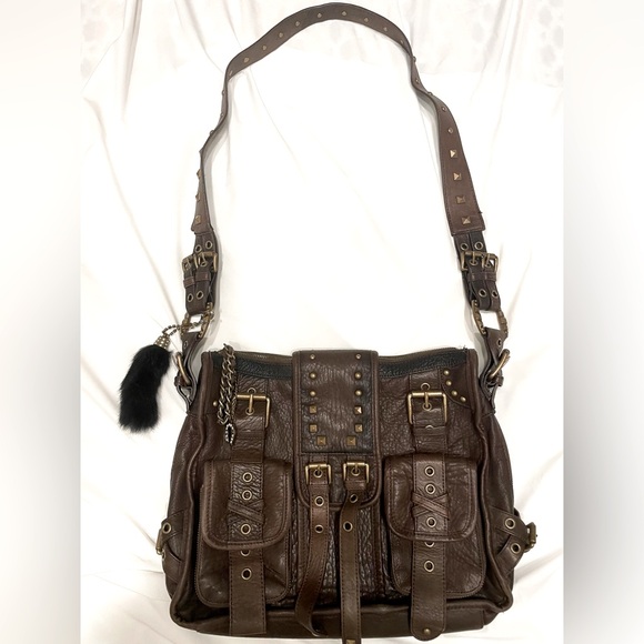 NWOT Vintage BETSEY JOHNSON Brown Leather Crossbody Buckle Horseshoe Bag - Picture 2 of 10